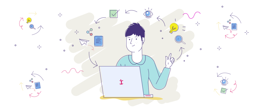 Imagem de pessoa a trabalhar, aparecendo à sua volta sua volta ícones sugestivos de trabalho, lazer e autocuidado. Imagem ilustrativa de Linhas de orientação e autoconhecimento. 