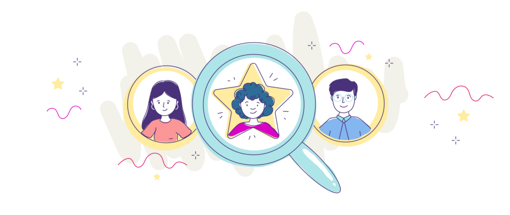 Imagem representativa de sentido de propósito, com lupas e silhuetas de pessoas, profissionais. 